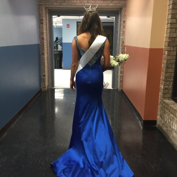 Sherri Hill Couture Satin Pageant Original One of a Kind Blue Dress With Train - Picture 6 of 6